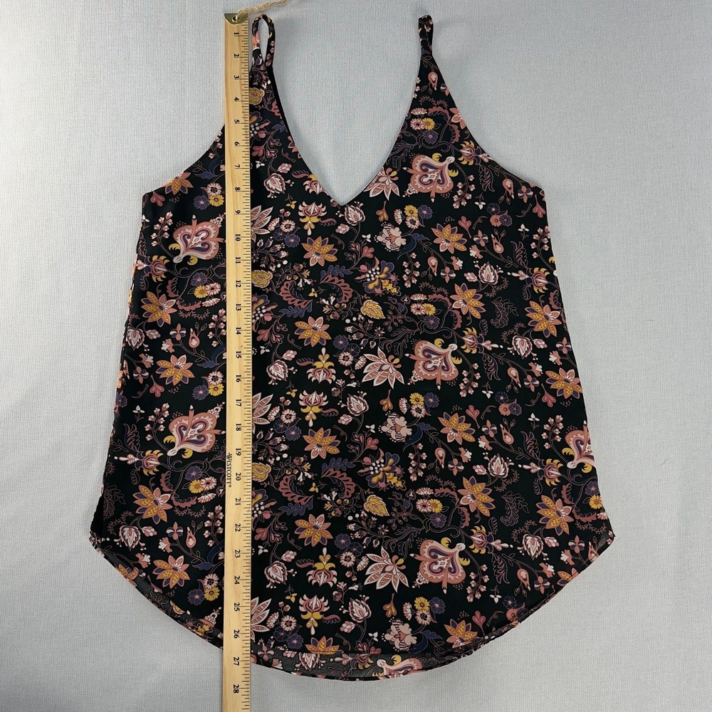 Floral Paisley V-Neck Tank Top Sleeveless Curved Hem Black Multi Color Camisole - Picture 5 of 11